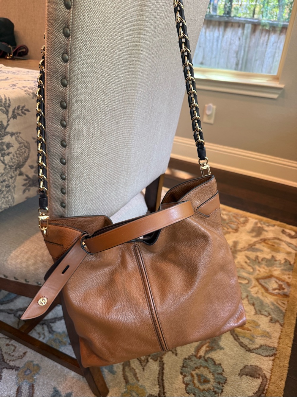 Michael Kors Cognac Pebbled Leather Shoulder Bag with Chain Strap